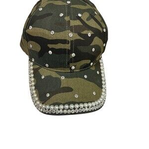 Camo Baseball Cap Womens Green Rhinestones Faux Pearls Crystals Brim